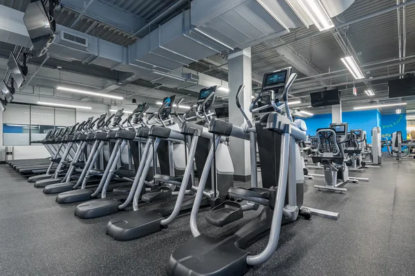 Free-weight zone with racked dumbbells at Blink