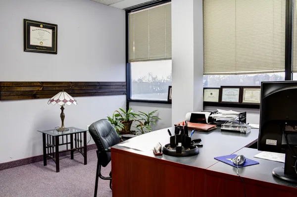 Window view framed from a corner office