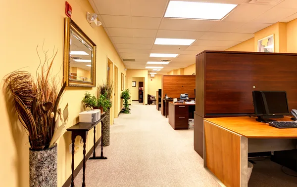 File room shelving organized behind glass doors