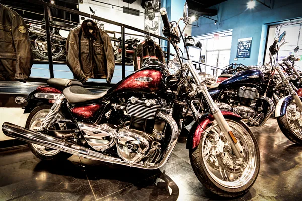 Apparel and helmet wall inside a motorcycle dealership